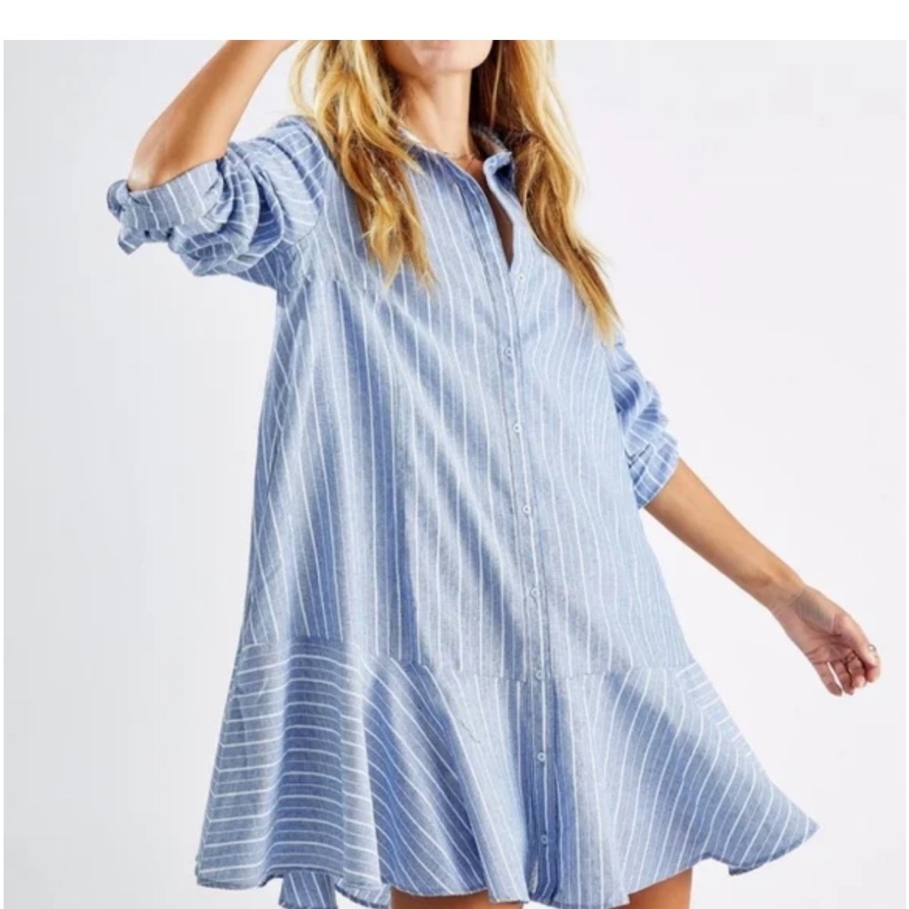 Free People Light Blue and White Striped Long Sleeve Shirt Dress